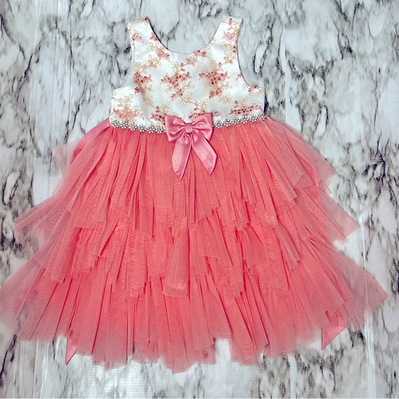 American Princess Pink Tulle Dress Sz 6 Floral Jacquard Jeweled Waist Fancy Gown - Picture 1 of 10